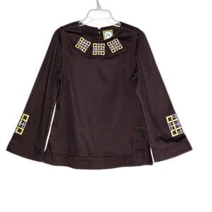 Elizabeth McKay Chocolate Brown Embrodiered Rope Trim Flare Sleeve Tunic Blouse